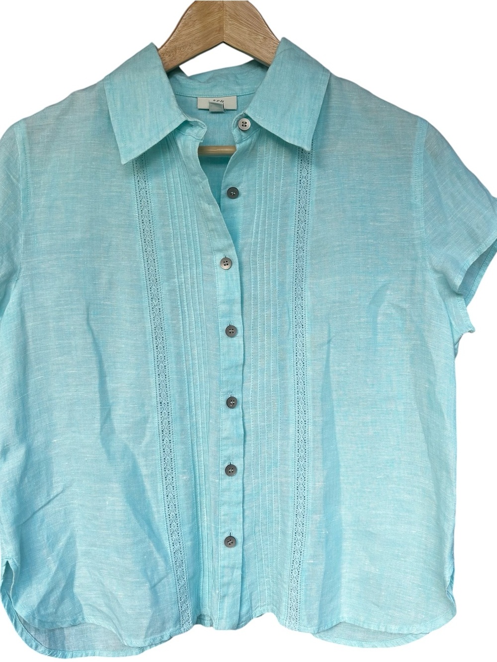 J. Jill Women Blue Green Linen Top Short Sleeve Size S Euro Summer Lagenlook